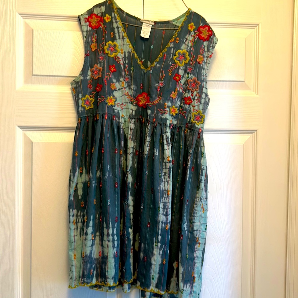Multi colored tie dyed with embroidery. Could be top or mini dress. Size small
